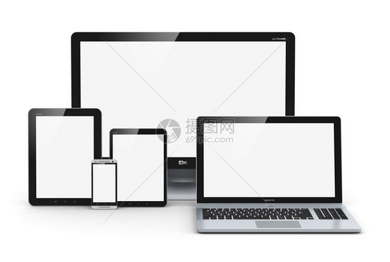 创意抽象计算机技术移动和通信业务概念笔记本或网书PC迷你平板电脑触摸屏智能手机和台式显示器白色背景孤立的屏幕电视图片