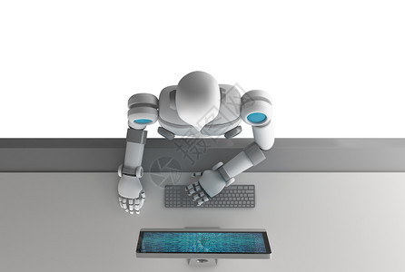使用计算机在白色背景上隔离的二进制数据编号代码屏幕的机器人顶端视图数字据未来技术概念中的人工智能3d插图图片