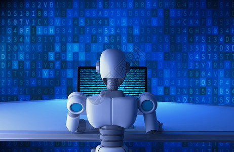模拟机器人的背视图使用带有二进制数据编号代码屏幕背景的计算机数字据未来技术概念中的人工智能3d插图图片