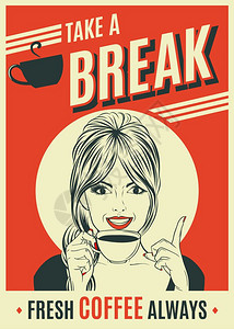 与流行艺术女人矢量格式一起广告宣传咖啡回溯式海报图片