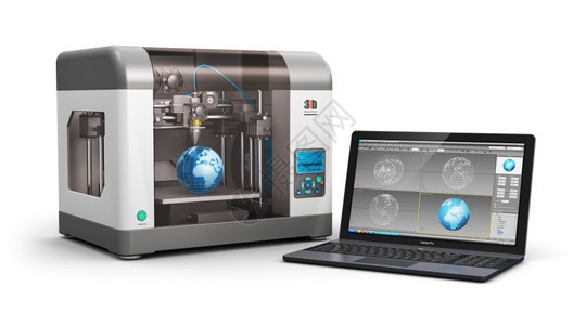 创意3DABS塑料印刷技术商业概念现代3D打印机和专业膝上型电脑或工作站笔记本电脑与3D设计软件接口隔离于白色背景图片