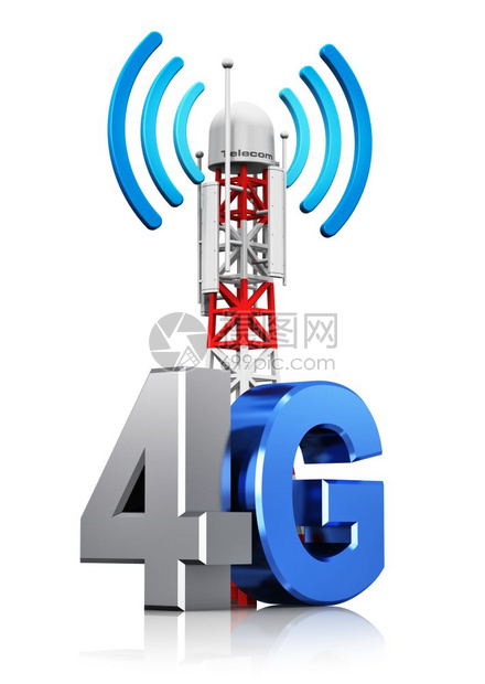 创意抽象4G数字蜂窝电信技术和无线连接商业概念移动基地站或电视发射机天线柱带有4G标志符号或在白色背景上隔离产生反射效果图片