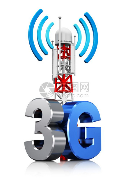 3G数字蜂窝电信技术和无线连接商业概念移动基地站或电视发射机天线柱带有3G标志符号或以白色背景隔离产生反射效果图片
