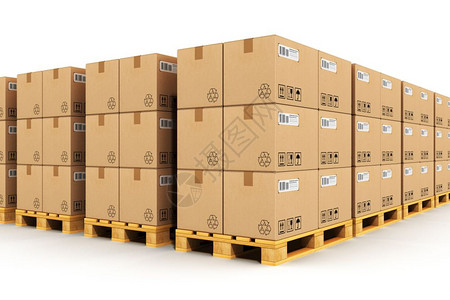 具有创意的抽象装运物流交付和产品分销商业工概念储存仓库一排堆叠的纸板箱在木制运输货盘上装满物白色背景孤立的木制运输货盘上背景图片