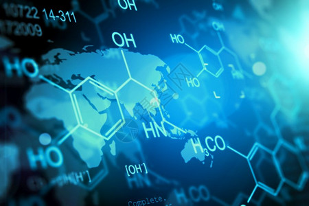 3D在蓝色网络空间中演示化学DNA分子结构和研究数据图片