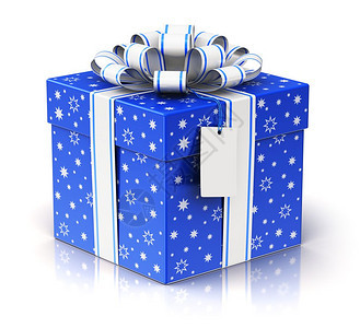 创意抽象的圣诞或圣诞节新年或生日传统庆祝概念3D展示蓝色礼物或用闪亮的彩色金属丝带弓和贴白背景孤立的标签盒并产生反射效果图片