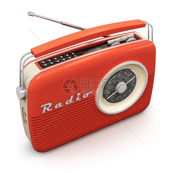 白色背景隔离的旧红色式无线电接收器图片