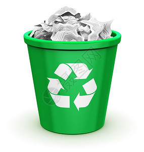 创意抽象纸张回收环境保护和自然养商业概念绿色办公室回收垃圾桶带有可回收的符号图标或满的白色背景上孤立的皱纹文件符号图片