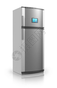 现代金属冰箱与白色反射背景隔离的触摸屏接口图片