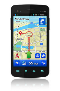 用全球定位系统导航在白色反射背景上隔离的触摸屏幕智能手机图片