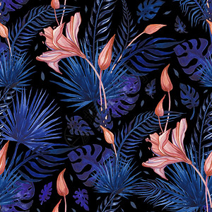 热带花卉摘要朵手画样无缝水彩色插图可用于壁纸网站背景纺织电话案例印刷美丽的热带花朵无缝的图样水彩画异国背景图片