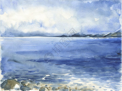 海景面滩美丽的水彩手绘图画海洋水彩图图片