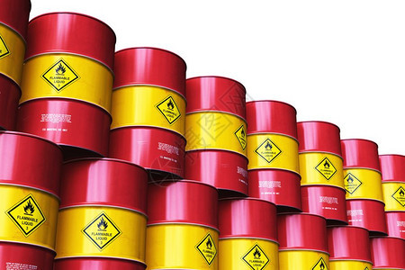 创意抽象石油和天然气工业制造和贸易商概念3D说明工业仓库与堆叠的一组红色金属油桶或白底孤立的石油桶堆叠式红金属油桶或石图片