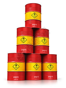 创意抽象石油天然气工业制造和贸易商创意抽象概念3D表示红色堆叠金属油桶或白背景孤立的石油桶图解并产生反射效果图片