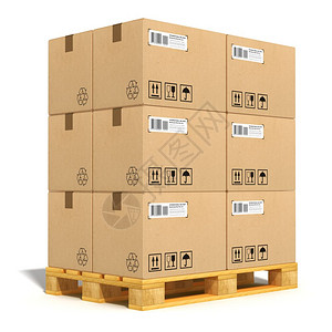 货物交付和运输业概念木船货托盘上的堆叠式纸板箱白色背景孤立图片