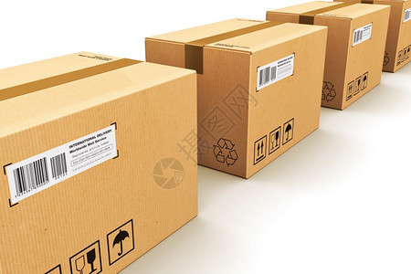 航运物流和零售货交付商业务概念一排在白色背景上孤立的节纹纸箱包图片