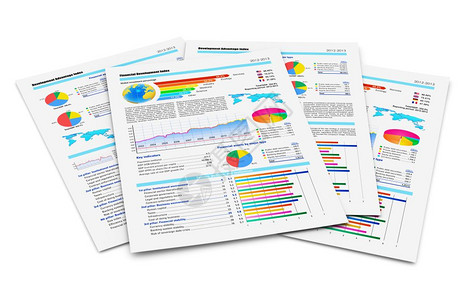 创造抽象商业文书和办公室工作司概念一叠纸文件附有财务报告彩色条形图派和白背景孤立的统计资料数据背景图片