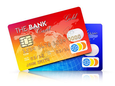 创意抽象电子银行在线购物互联网络会计和资助商业成功融资概念3D为一组白色背景孤立的彩塑料银行信用卡提供实例并产生反射效果图片