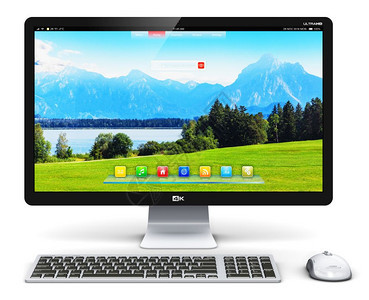 创意抽象办公室商务技术通信互联网络概念3D将现代专业台式计算机工作站为插图以显示自然景观键盘和鼠标的屏幕或监视显示在白色背景上孤图片