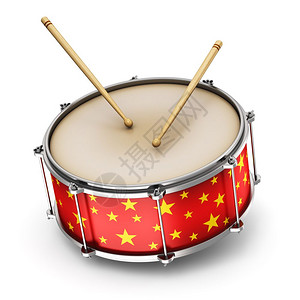具有创意的抽象音乐器概念红鼓和一对在白色背景上隔绝的鼓棍图片
