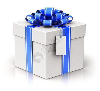 创意抽象的圣诞或圣诞节新年或生日传统庆祝概念3D展示蓝色礼物或用闪亮的彩色金属丝带弓和贴白背景孤立的标签盒并产生反射效果图片