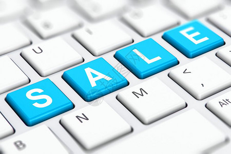 创意抽象销售和折扣为商业购物提供概念3D展示对白电脑PC或笔记本键盘按钮上的蓝颜色出售文字的宏观点并有选择焦点效果背景图片