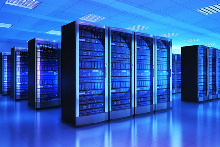现代网络和互联电信技术大数据存储和云计算机服务业概念3D以蓝光数据中心显示服务器室的内部商业高清图片素材