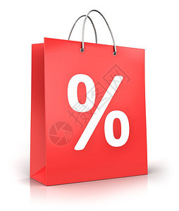 创意商业抽象零售和在线购物折扣报价概念3D展示红色彩纸购物袋用百分比文字符号或表示在白色背景上孤立的文字符号或并产生反射效果图片