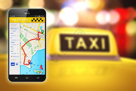 创意抽象旅行游观光和互联网络出租车服务应用商业运输概念3D用在线卫星GPS出租车应用软件在屏幕上出租车屋顶和黄色出租车标志模糊的图片