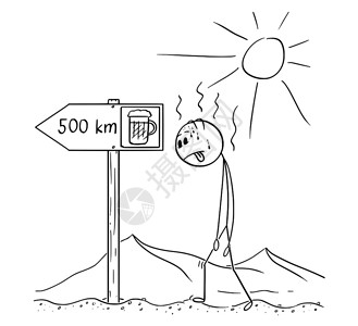 曼牌卡通棍子描绘了人类在没有水的情况下通过热沙漠口渴并发现了有