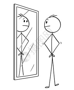 卡通棍子画着人类在镜中看着自己的概念图画图片