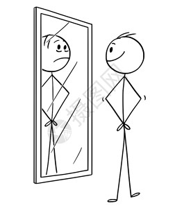 卡通棍在概念上描绘了男人笑的模样男人在镜子中看着自己但到悲伤的抑郁自己图片