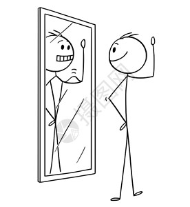 卡通棍子在概念上描绘男人在镜子中看着自己到身体的形状或况更好肌肉和更壮大图片