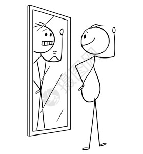 卡通棍绘制肥胖或超重男子在镜中看着自己到瘦肌肉和身体状况更好图片