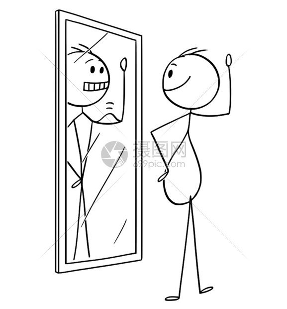 卡通棍绘制肥胖或超重男子在镜中看着自己到瘦肌肉和身体状况更好图片