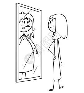 描绘普通善良和瘦的女人或孩在镜子中看着自己到丑陋肥胖和的概念卡通棒低自尊心或信的概念图片