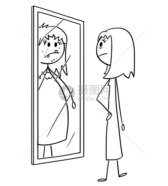 插画 其他 感恩父母 描绘普通善良和瘦的女人或孩在镜子中看着自己到