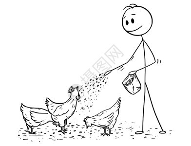 卡通棍描绘男人或农民养鸡的群概念插图图片