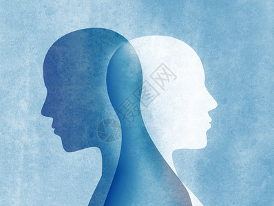 两极精神失常分裂人格摩德病双重人格概念蓝色背景的轮廓图片