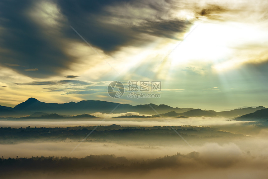 热带山丘的黎明斯里兰卡覆盖着厚雾图片