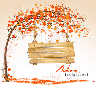 秋天自然背景树和木牌矢量图片