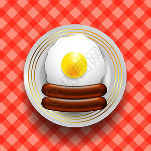 红线背景上的天然鸡蛋和两个真实的油味香肠顶端视图自然鸡蛋和两个真实的油味香肠图片