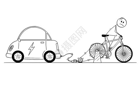 卡通画男子骑自行车发电机充汽车概念插图图片