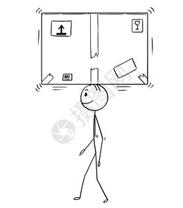 卡通插图描绘男人或商头上携带并平衡大纸板盒的概念图片
