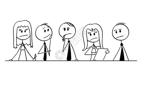 卡通Stickman绘制由5名商人和女组成的团体概念图思考问题合作和集思广益的概念图片