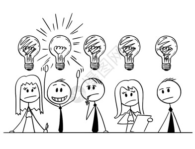 卡通棍棒人绘制由5个商和女组成的群体概念图思考上面灯泡的问题其中一个问题解决了其中的一个集思广益和团队合作的概念图片