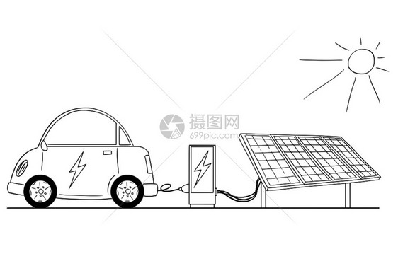 汽车从太阳能发电厂到站卡通绘制图片