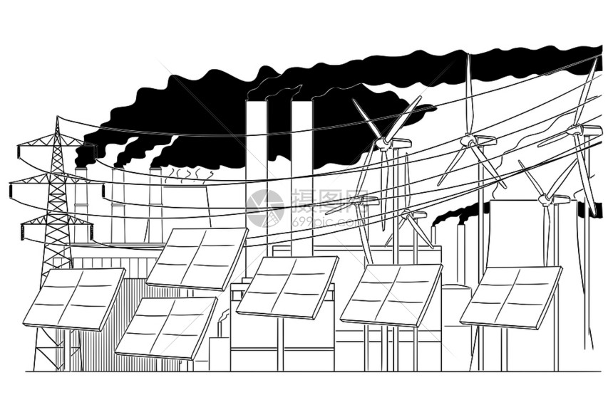 电网基础设施要素的概念图解包括煤炭太阳能和风发电厂以及高压流图片