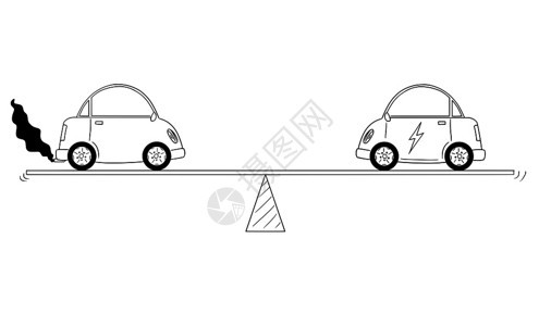 卡通画绘制平衡尺度燃料和电动汽车概念图图片