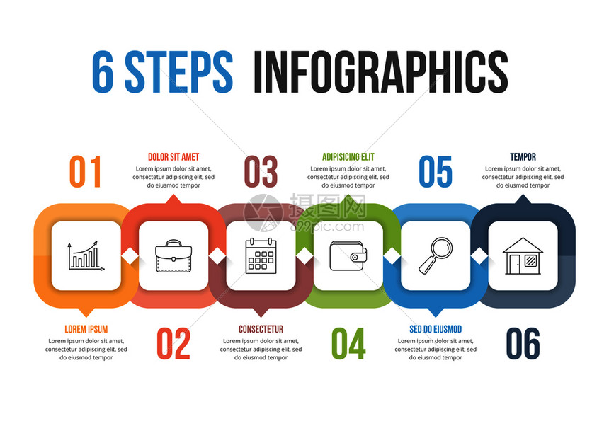 包含六个步骤或选项工作流程图矢量eps10插图的模板图片